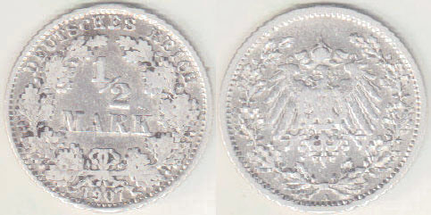 1907 A Germany silver 1/2 Mark A000585